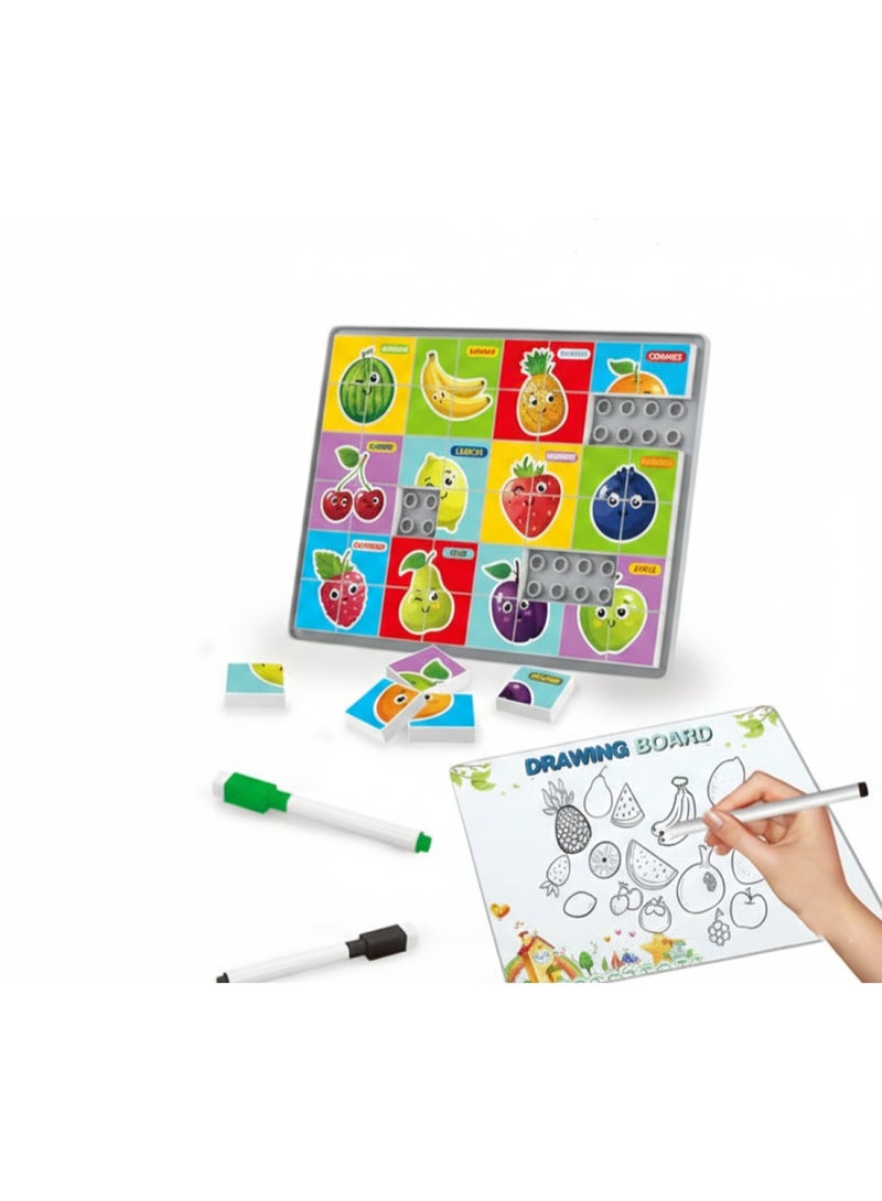 توي لاند لوحة أحجية حروف الفاكهة - لعبة تعليمية 2 في 1: أحجية مكعبات البناء ولوحة الرسم - Image 1